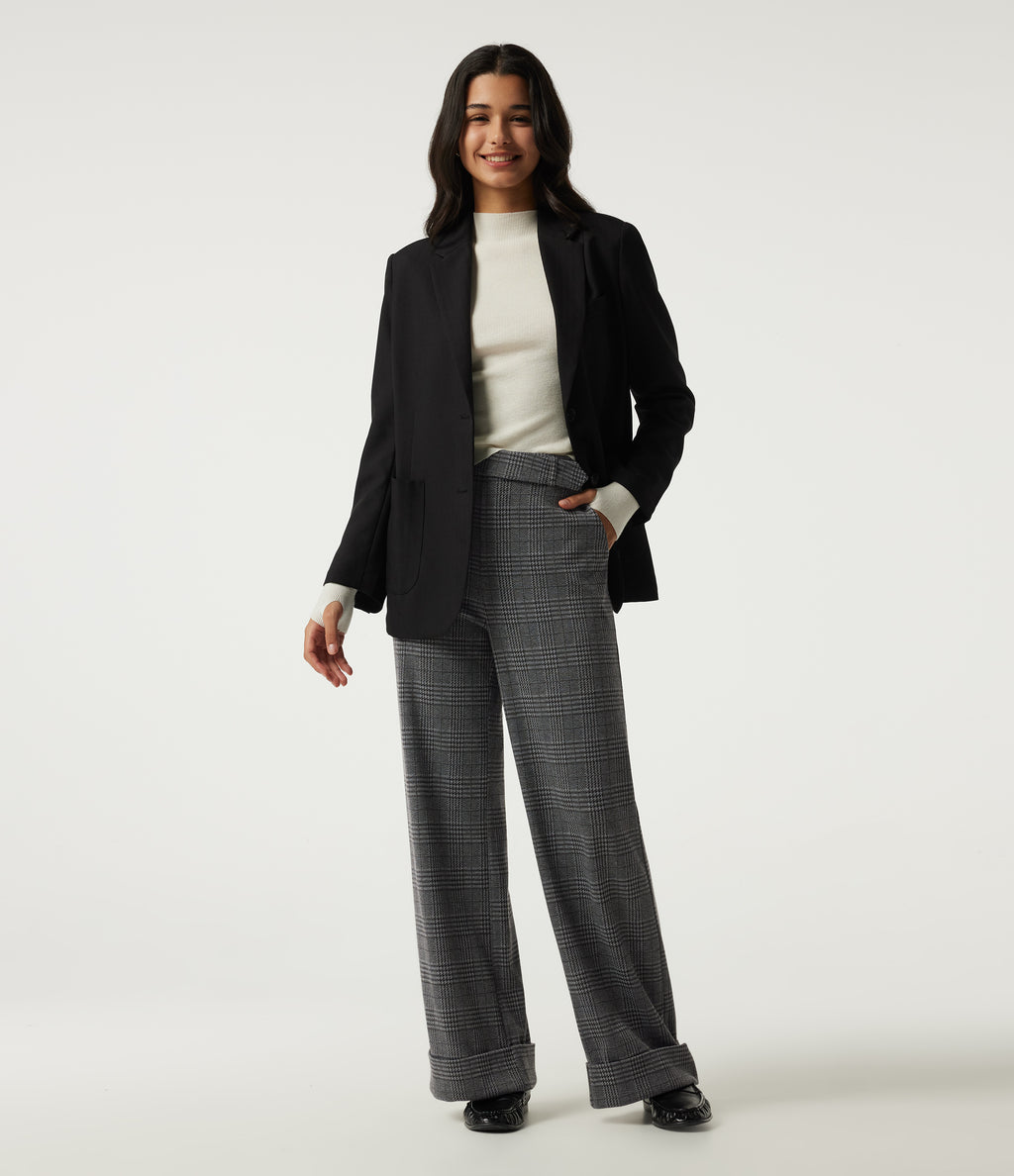 High Waisted Wide Leg Casual Trousers with Pockets — Dark Gray Plaid — view 7