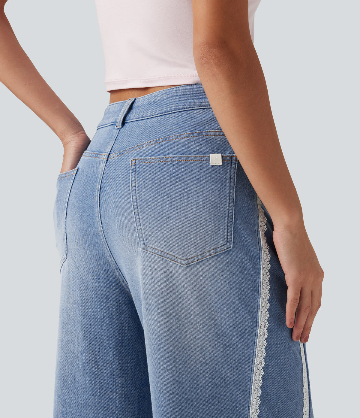 Mid Rise Contrast Lace Wide Leg Casual Jeans with Pockets — Powder Blue Denim — view 5