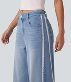 Mid Rise Contrast Lace Wide Leg Casual Jeans with Pockets — Powder Blue Denim — view 6