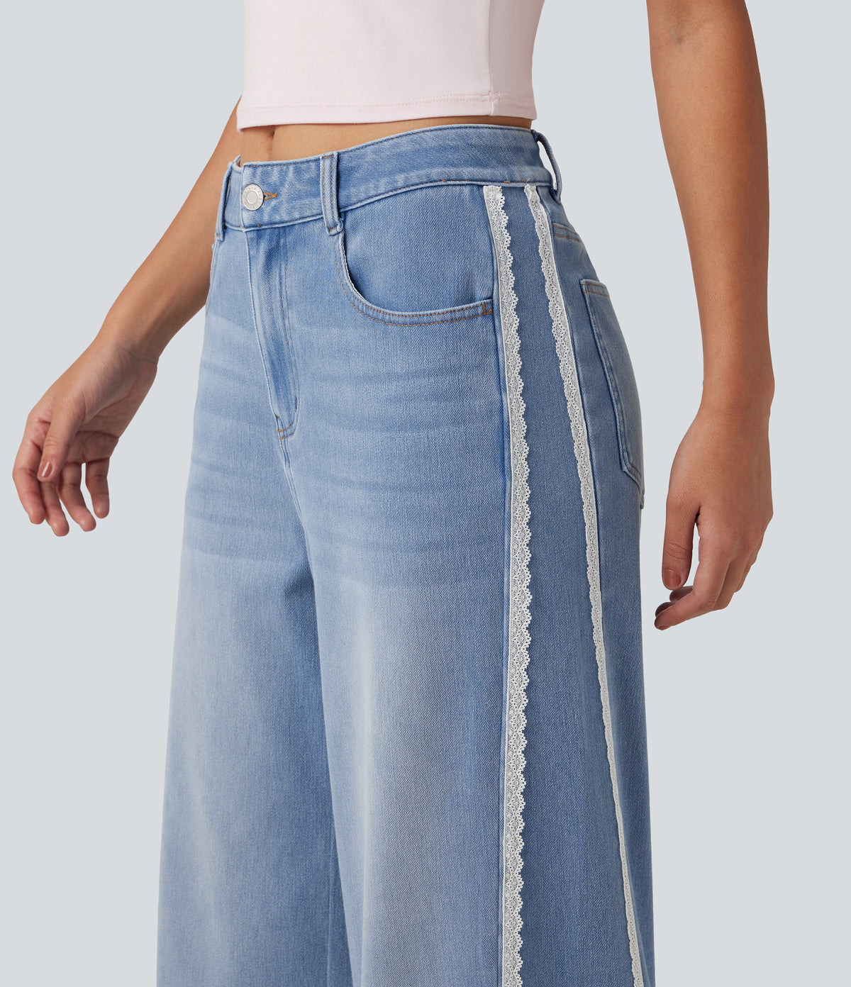 Mid Rise Contrast Lace Wide Leg Casual Jeans with Pockets — Powder Blue Denim — view 6