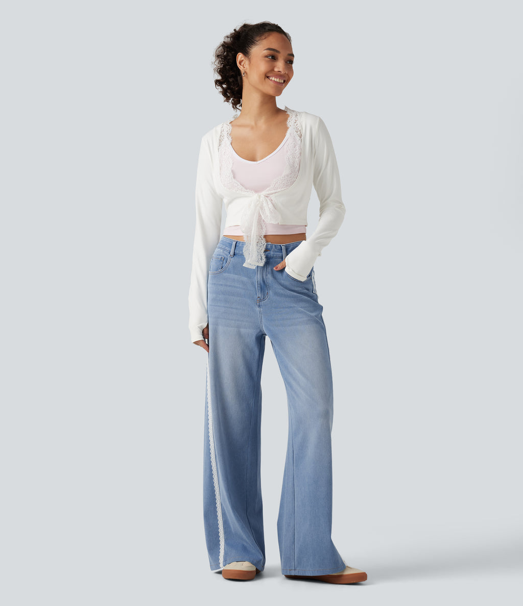Mid Rise Contrast Lace Wide Leg Casual Jeans with Pockets — Powder Blue Denim — view 8