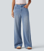 Mid Rise Contrast Lace Wide Leg Casual Jeans with Pockets — Powder Blue Denim — view 1