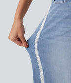 Mid Rise Contrast Lace Wide Leg Casual Jeans with Pockets — Powder Blue Denim — view 7
