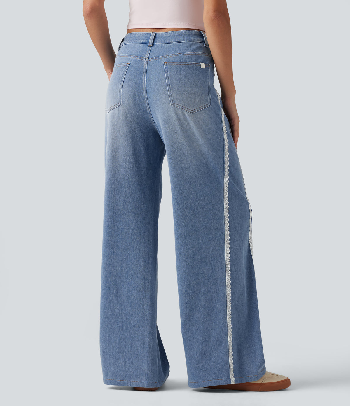 Mid Rise Contrast Lace Wide Leg Casual Jeans with Pockets — Powder Blue Denim — view 2