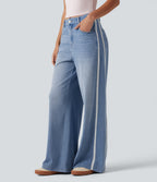 Mid Rise Contrast Lace Wide Leg Casual Jeans with Pockets — Powder Blue Denim — view 3