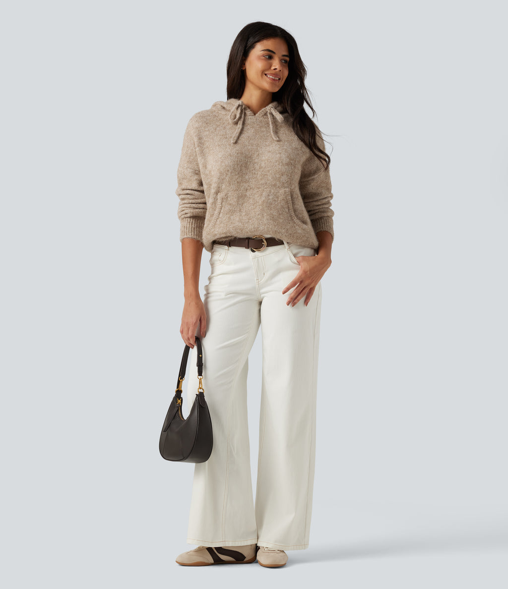 Hooded Long Sleeve Casual Jumper with Pocket — Café au Lait — view 5