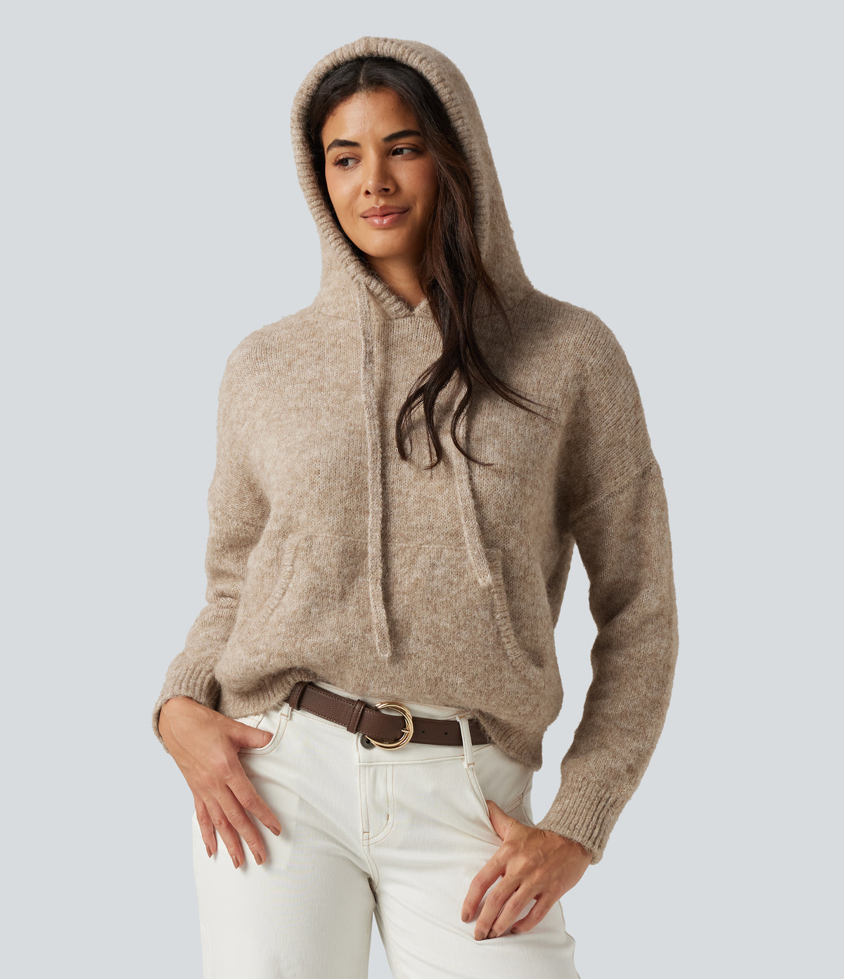 Hooded Long Sleeve Casual Jumper with Pocket — Café au Lait — view 4