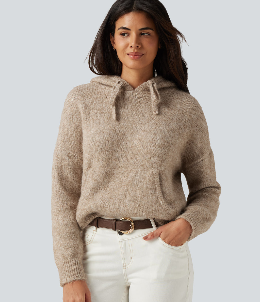 Hooded Long Sleeve Casual Jumper with Pocket — Café au Lait — view 1