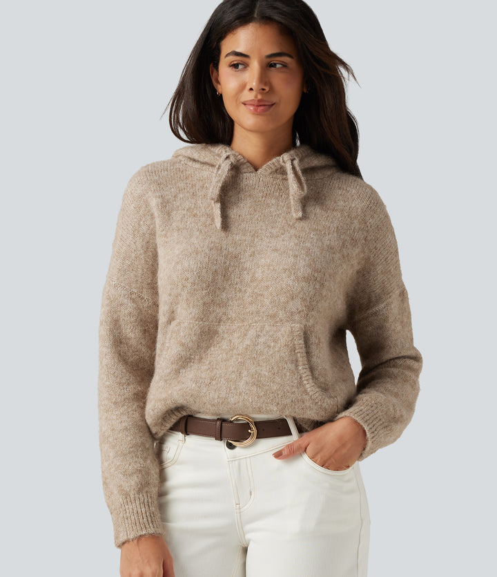Hooded Long Sleeve Casual Jumper with Pocket — Café au Lait — view 1