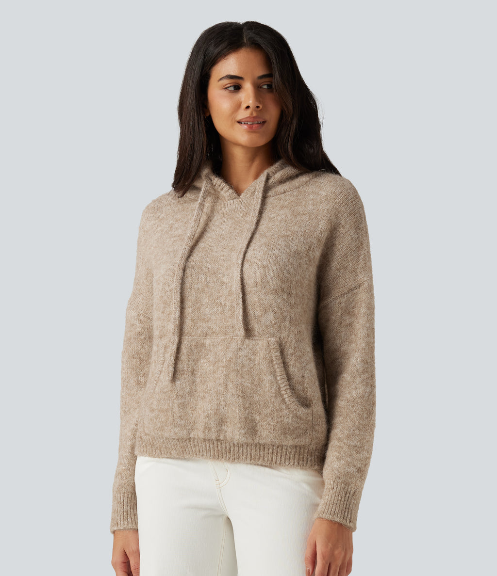 Hooded Long Sleeve Casual Jumper with Pocket — Café au Lait — view 3