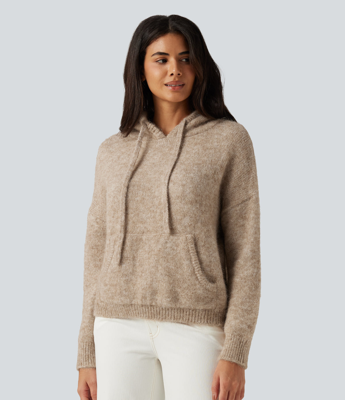 Hooded Long Sleeve Casual Jumper with Pocket — Café au Lait — view 3