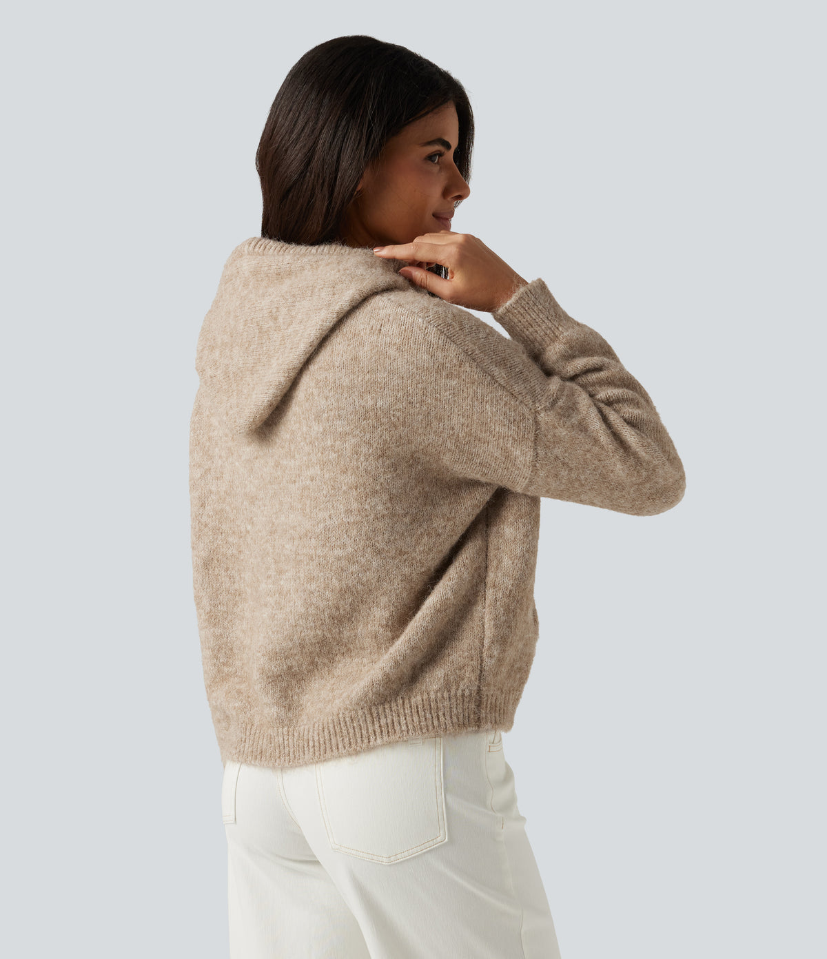 Hooded Long Sleeve Casual Jumper with Pocket — Café au Lait — view 2