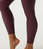 High Waisted Stretchy PU Crossover Contrast Mesh Casual Leggings with Pockets — Berrywood Red — view 6