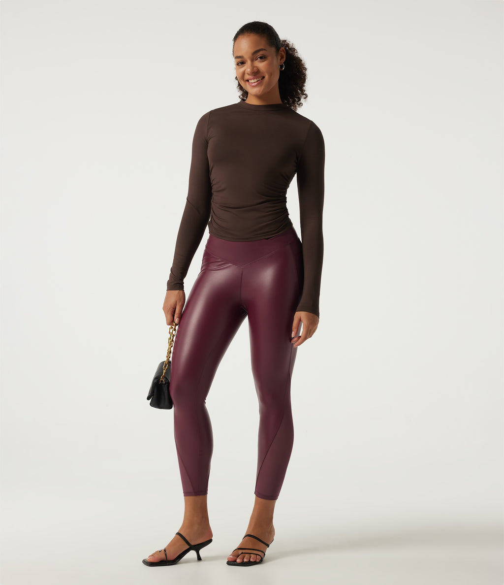 High Waisted Stretchy PU Crossover Contrast Mesh Casual Leggings with Pockets — Berrywood Red — view 8