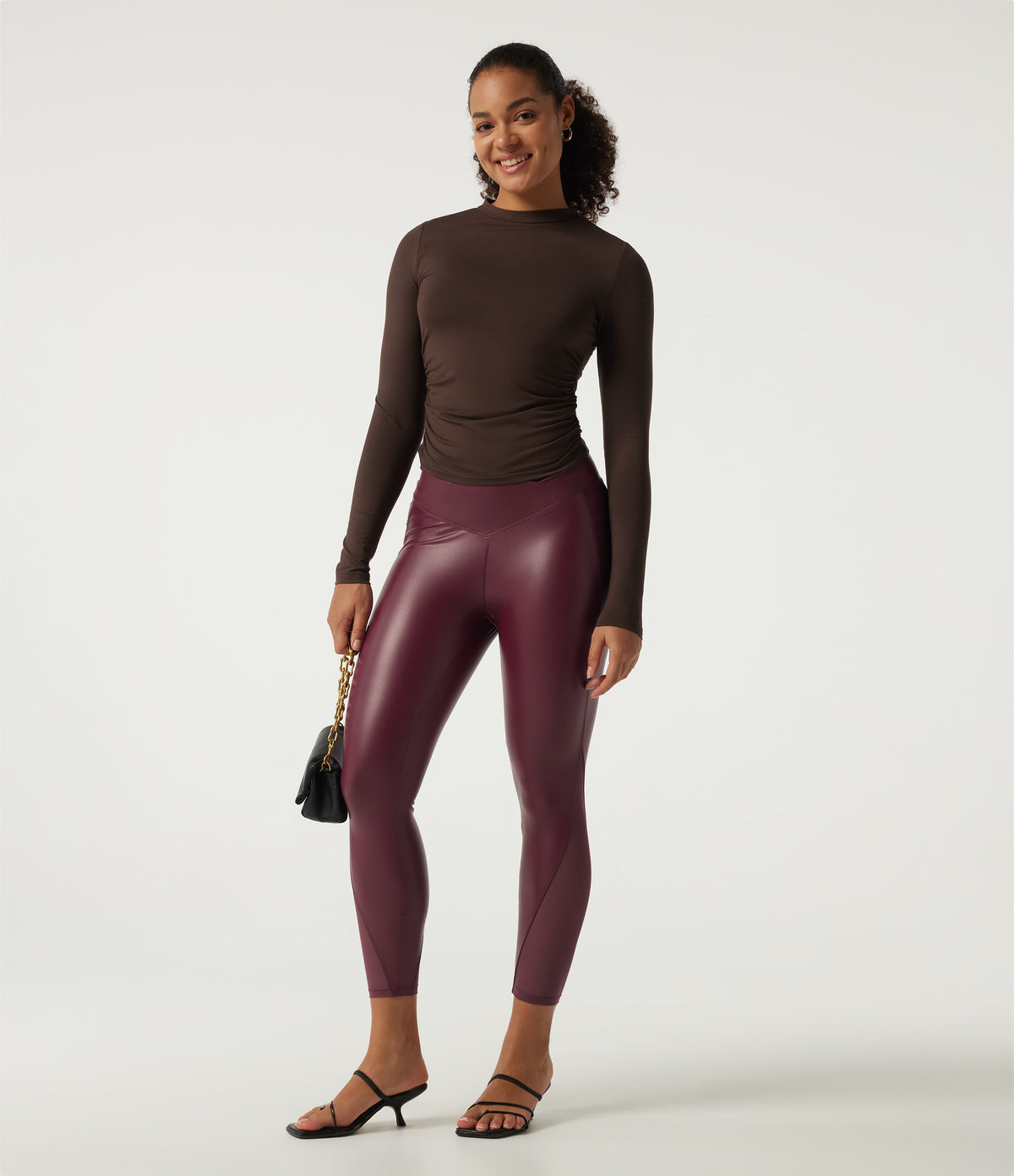 High Waisted Stretchy PU Crossover Contrast Mesh Casual Leggings with Pockets — Berrywood Red — view 8
