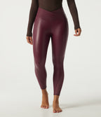 High Waisted Stretchy PU Crossover Contrast Mesh Casual Leggings with Pockets — Berrywood Red — view 3