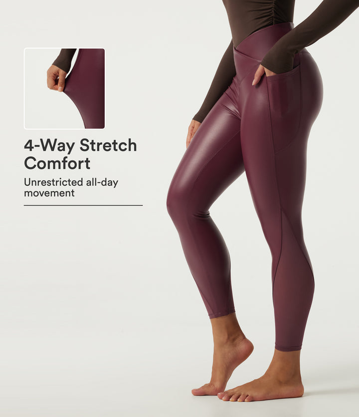 High Waisted Stretchy PU Crossover Contrast Mesh Casual Leggings with Pockets — Berrywood Red — view 1