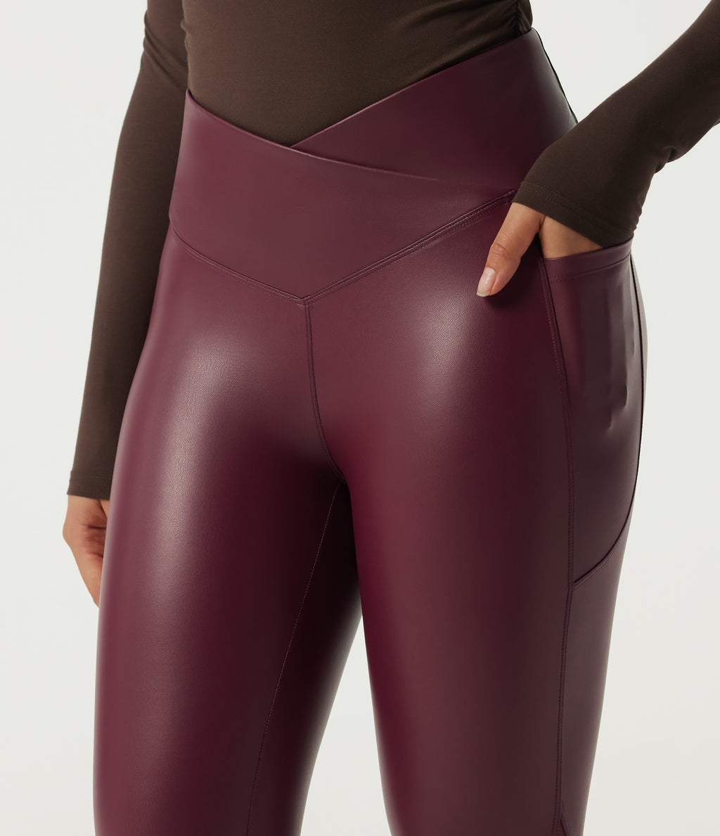 High Waisted Stretchy PU Crossover Contrast Mesh Casual Leggings with Pockets — Berrywood Red — view 4
