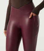 High Waisted Stretchy PU Crossover Contrast Mesh Casual Leggings with Pockets — Berrywood Red — view 4