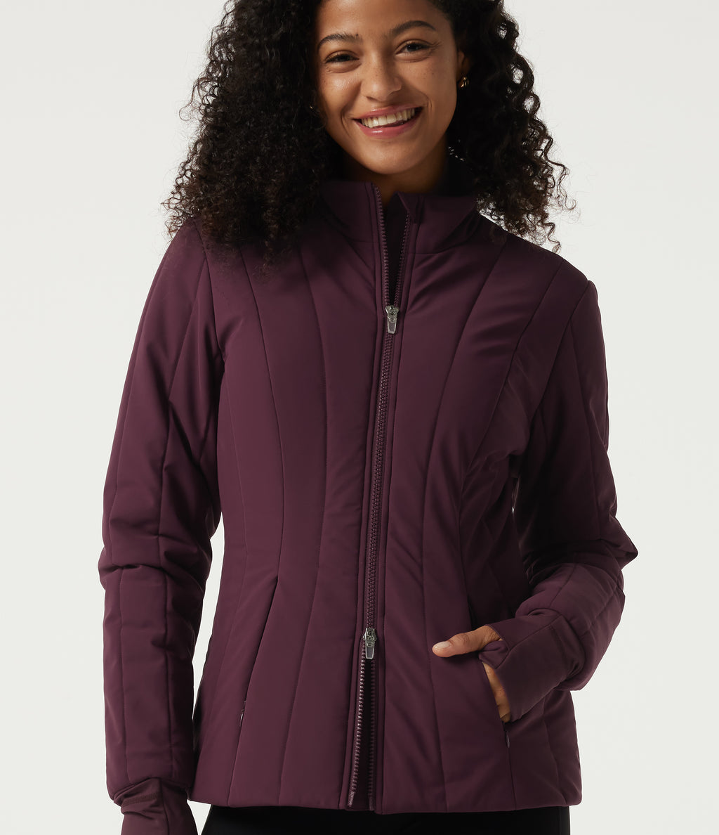 PuffFlex Wrinkle Recovery Mock Neck Slim Casual Padded Jacket with Pockets — Berry Red — view 5