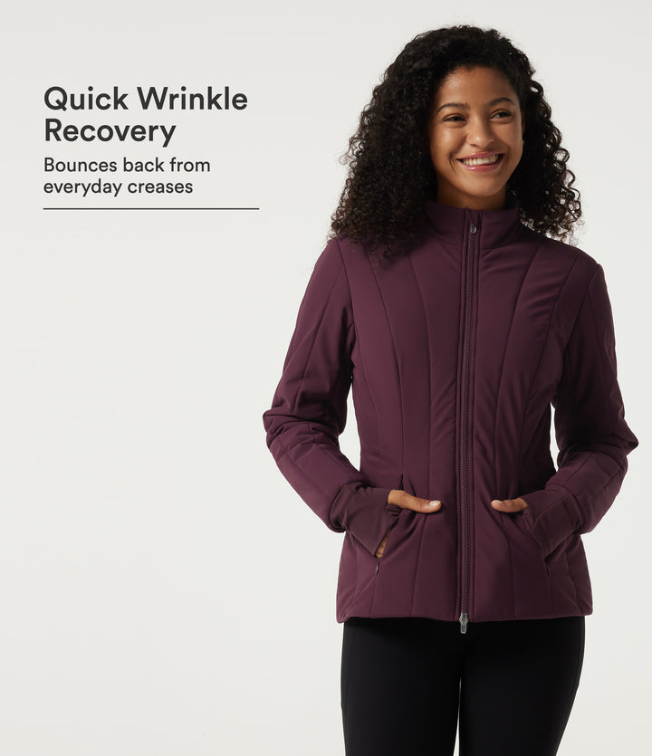 PuffFlex Wrinkle Recovery Mock Neck Slim Casual Padded Jacket with Pockets — Berry Red — view 1