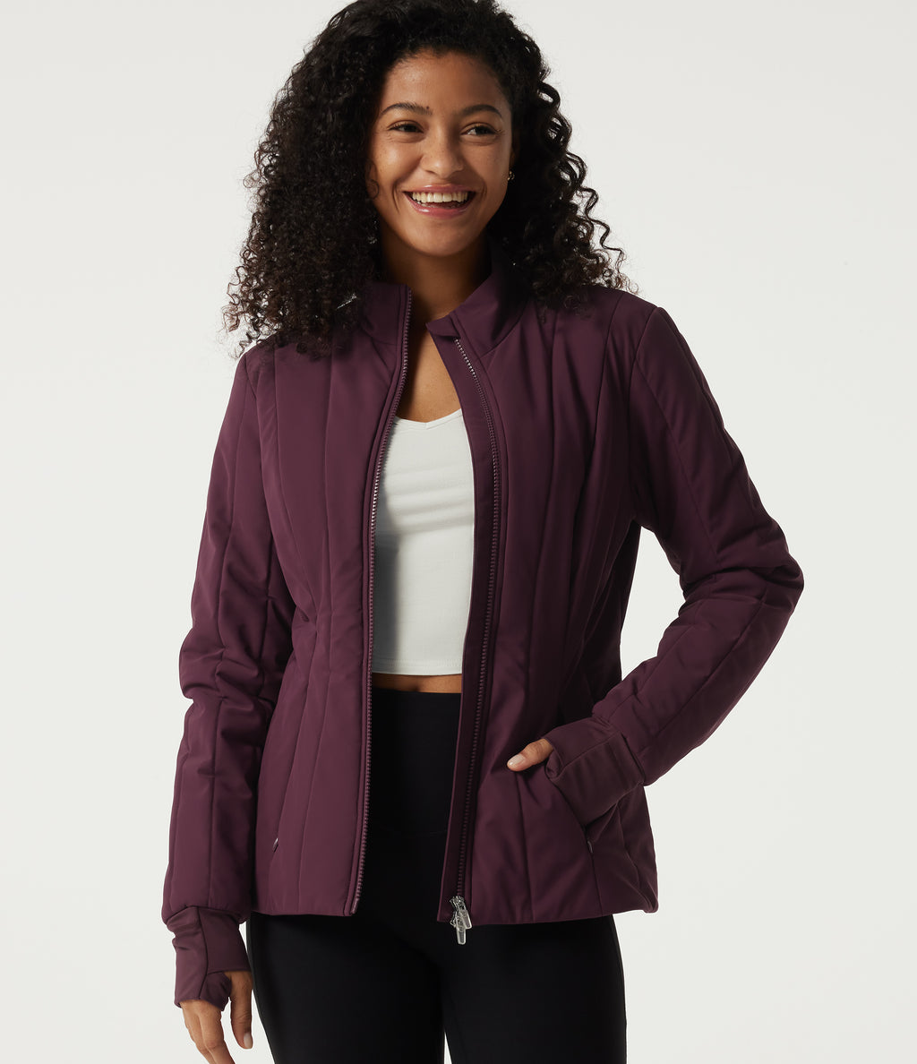 PuffFlex Wrinkle Recovery Mock Neck Slim Casual Padded Jacket with Pockets — Berry Red — view 4