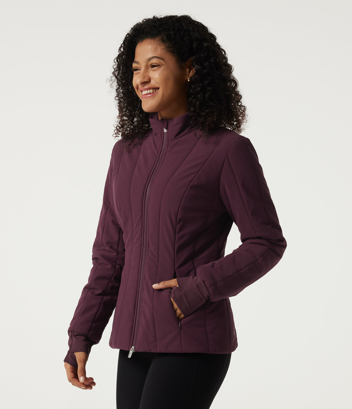 PuffFlex Wrinkle Recovery Mock Neck Slim Casual Padded Jacket with Pockets — Berry Red — view 3