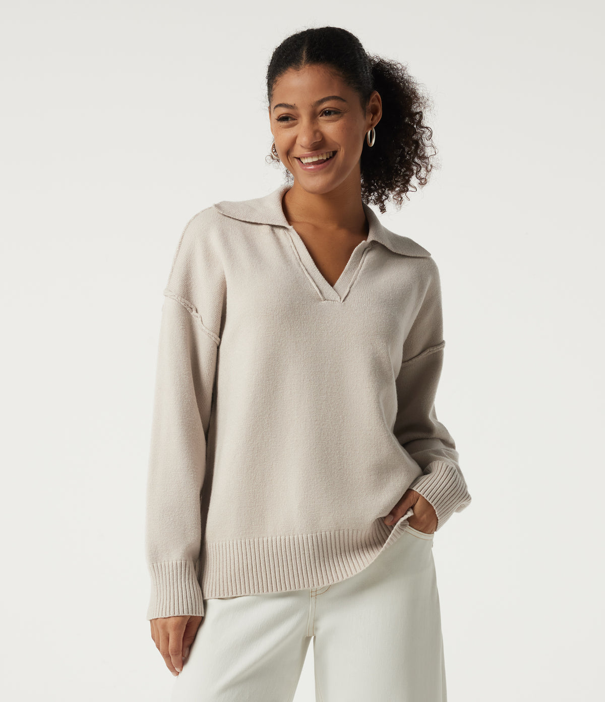 Polo Neck Long Sleeve Dropped Shoulder Casual Jumper — Oat Cream White — view 3