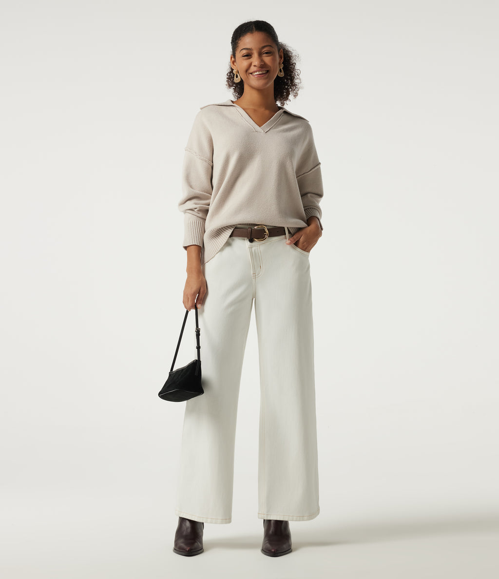 Polo Neck Long Sleeve Dropped Shoulder Casual Jumper — Oat Cream White — view 7