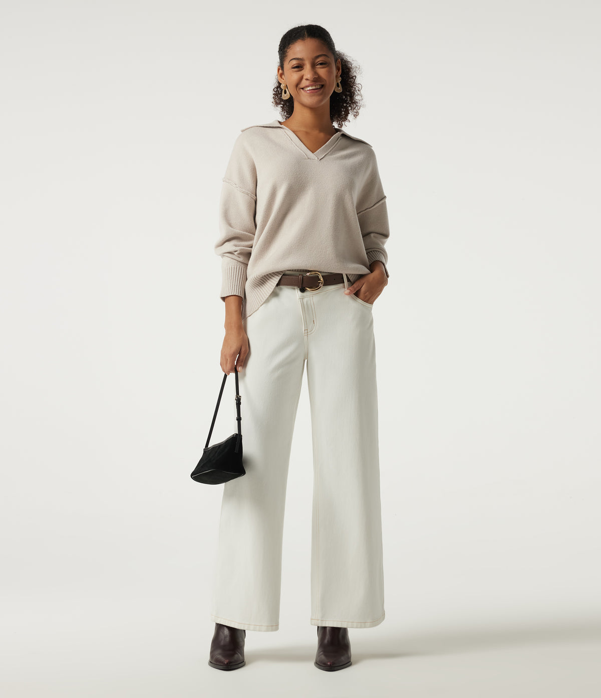 Polo Neck Long Sleeve Dropped Shoulder Casual Jumper — Oat Cream White — view 7