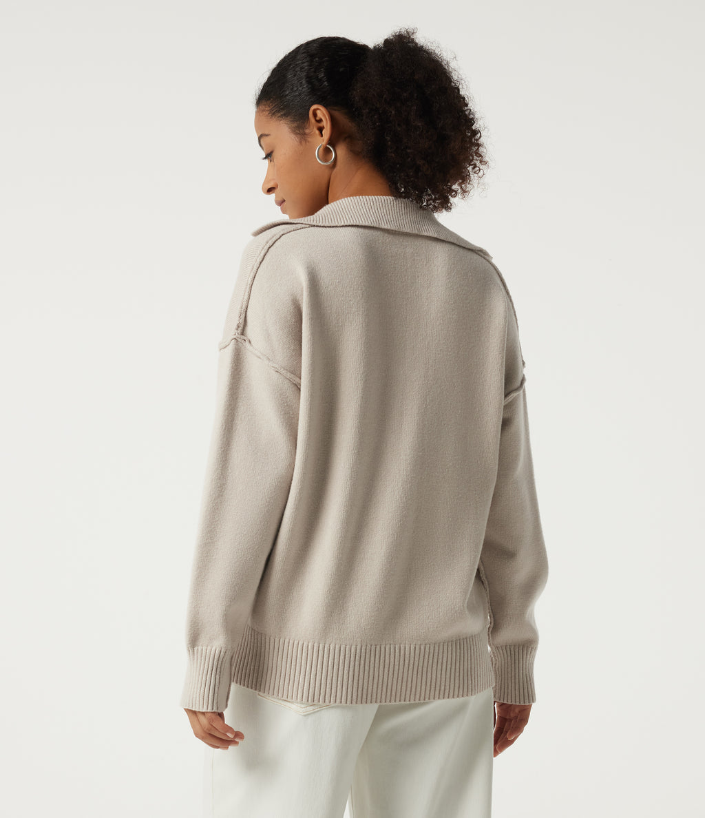 Polo Neck Long Sleeve Dropped Shoulder Casual Jumper — Oat Cream White — view 2
