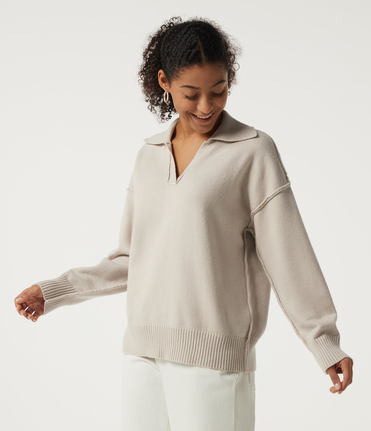 Polo Neck Long Sleeve Dropped Shoulder Casual Jumper — Oat Cream White — view 4
