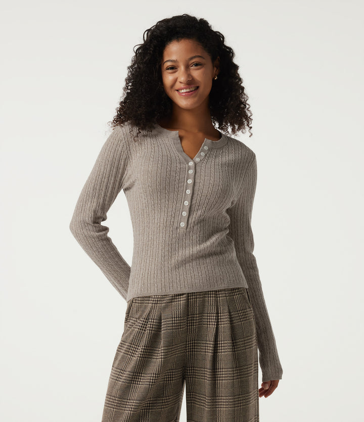 Henley Neck Cable Stitch Long Sleeve Work Jumper — Silver Sage — view 1