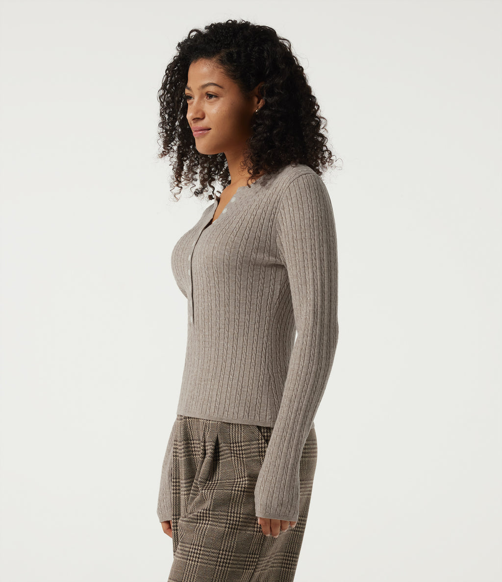 Henley Neck Cable Stitch Long Sleeve Work Jumper — Silver Sage — view 3