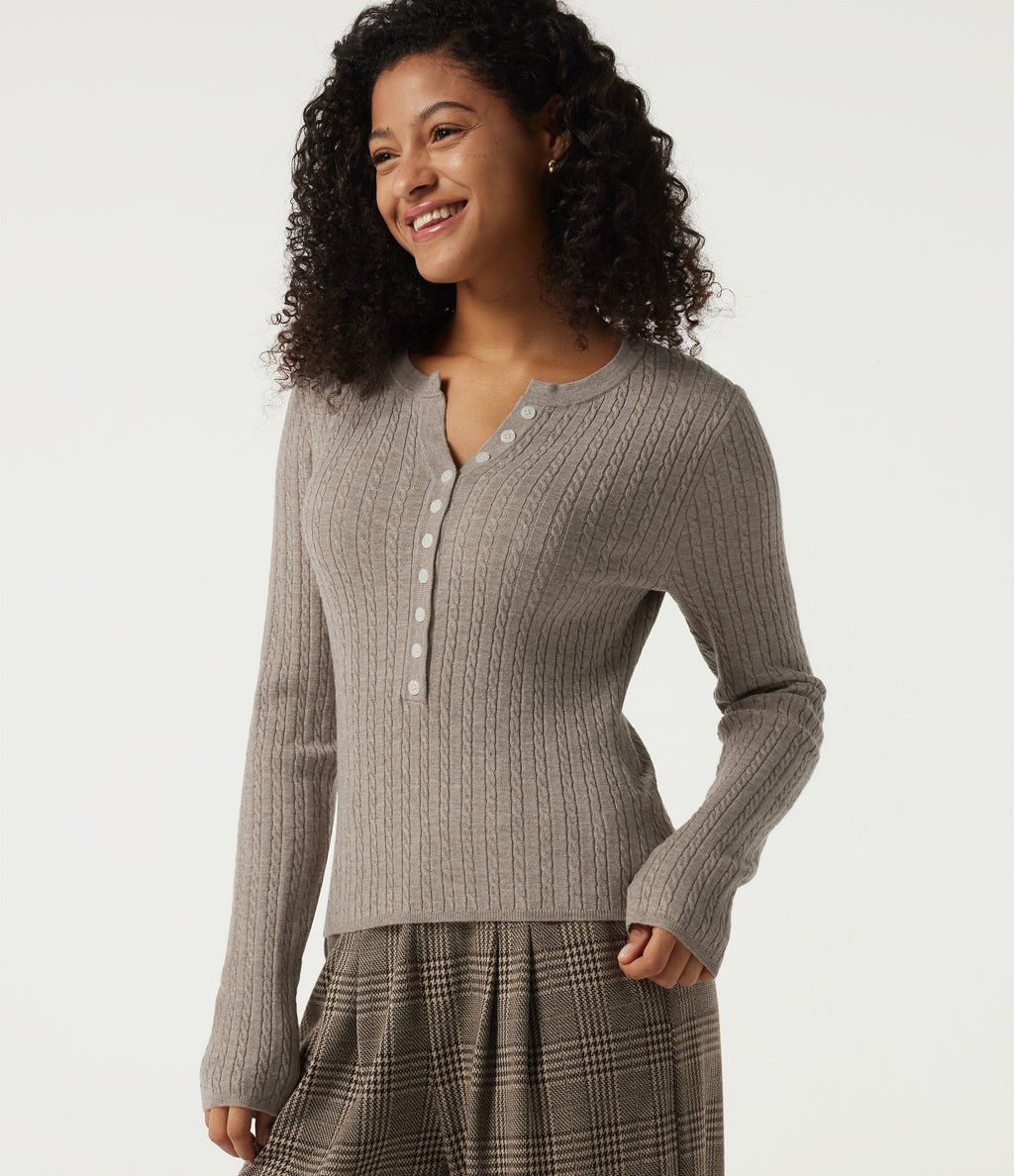 Henley Neck Cable Stitch Long Sleeve Work Jumper — Silver Sage — view 4