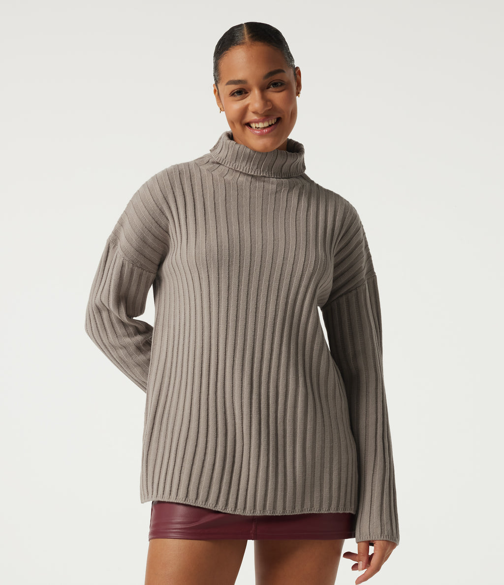 Ribbed Knit High Neck Dropped Long Sleeve Work Jumper — Fungi — view 1