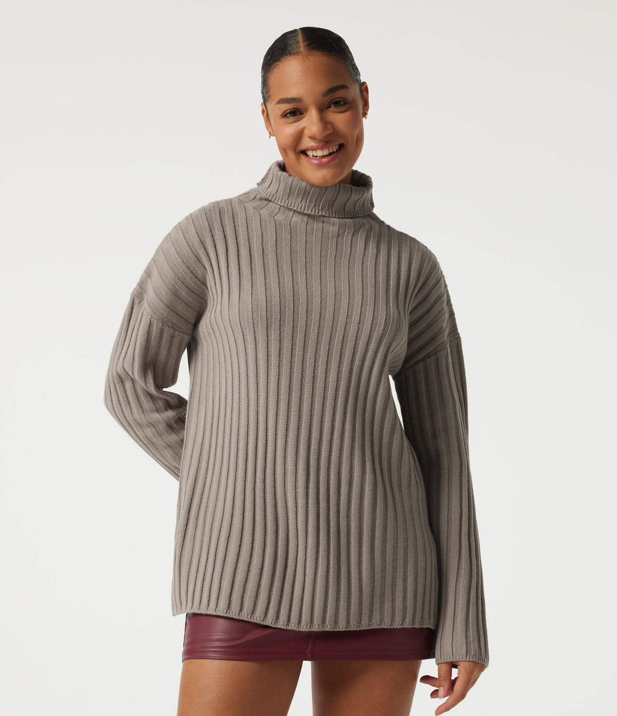Ribbed Knit High Neck Dropped Long Sleeve Work Jumper — Fungi — view 1