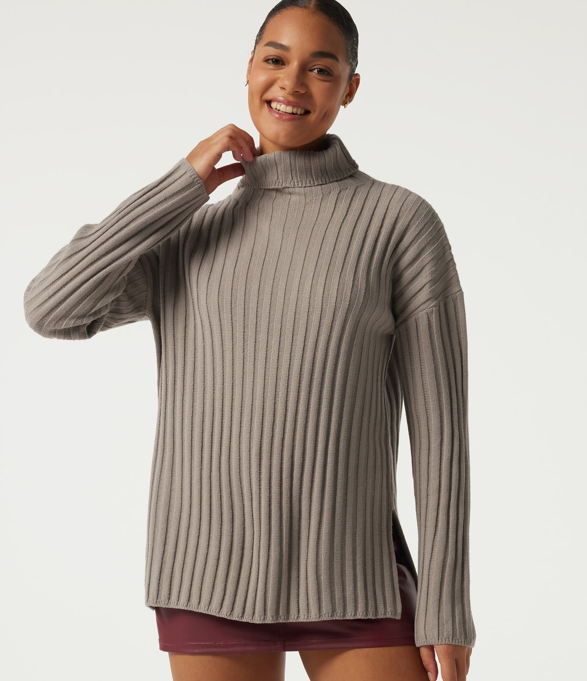 Ribbed Knit High Neck Dropped Long Sleeve Work Jumper — Fungi — view 4