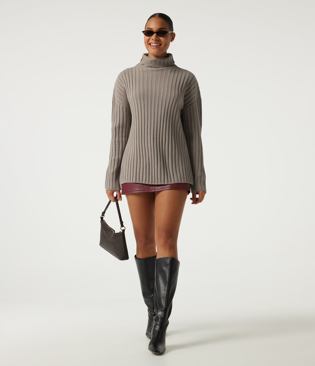 Ribbed Knit High Neck Dropped Long Sleeve Work Jumper — Fungi — view 8