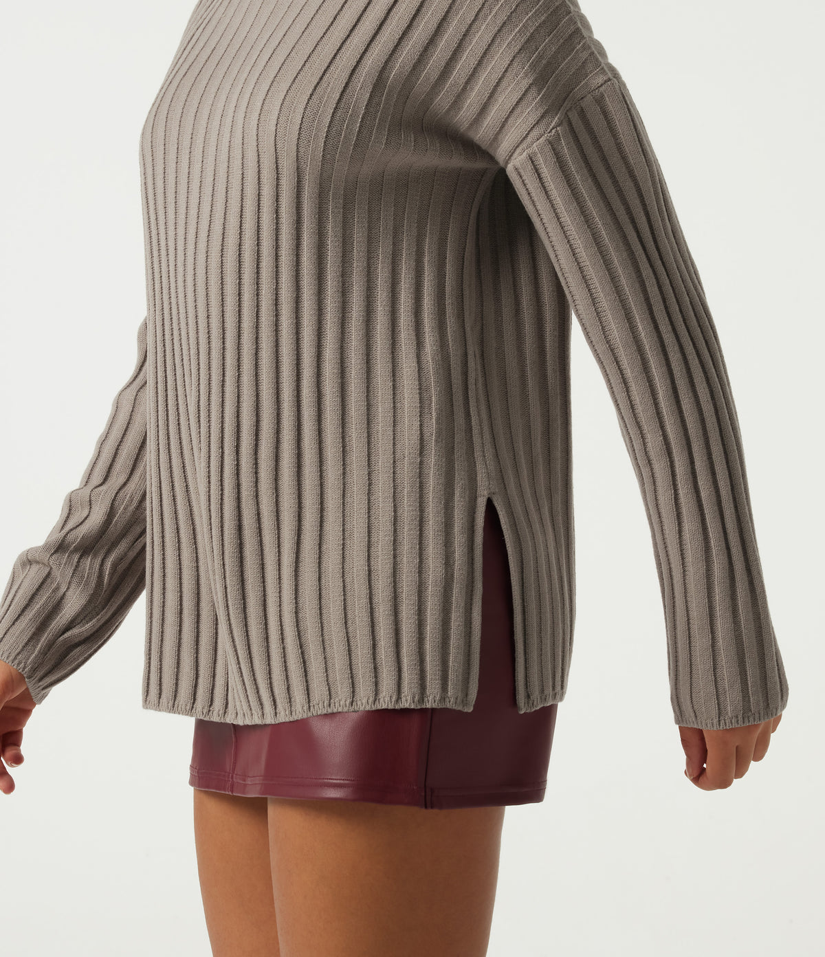 Ribbed Knit High Neck Dropped Long Sleeve Work Jumper — Fungi — view 6