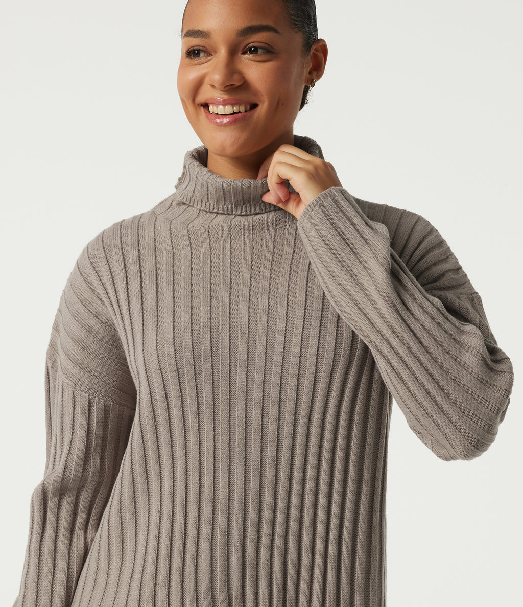 Ribbed Knit High Neck Dropped Long Sleeve Work Jumper — Fungi — view 5