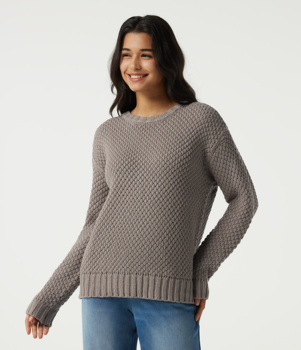 Round Neck Dropped Shoulder Long Sleeve Work Jumper — Cobblestone — view 1