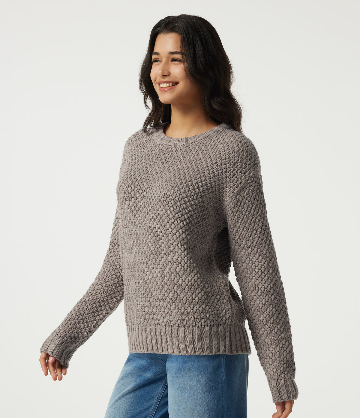 Round Neck Dropped Shoulder Long Sleeve Work Jumper — Cobblestone — view 3