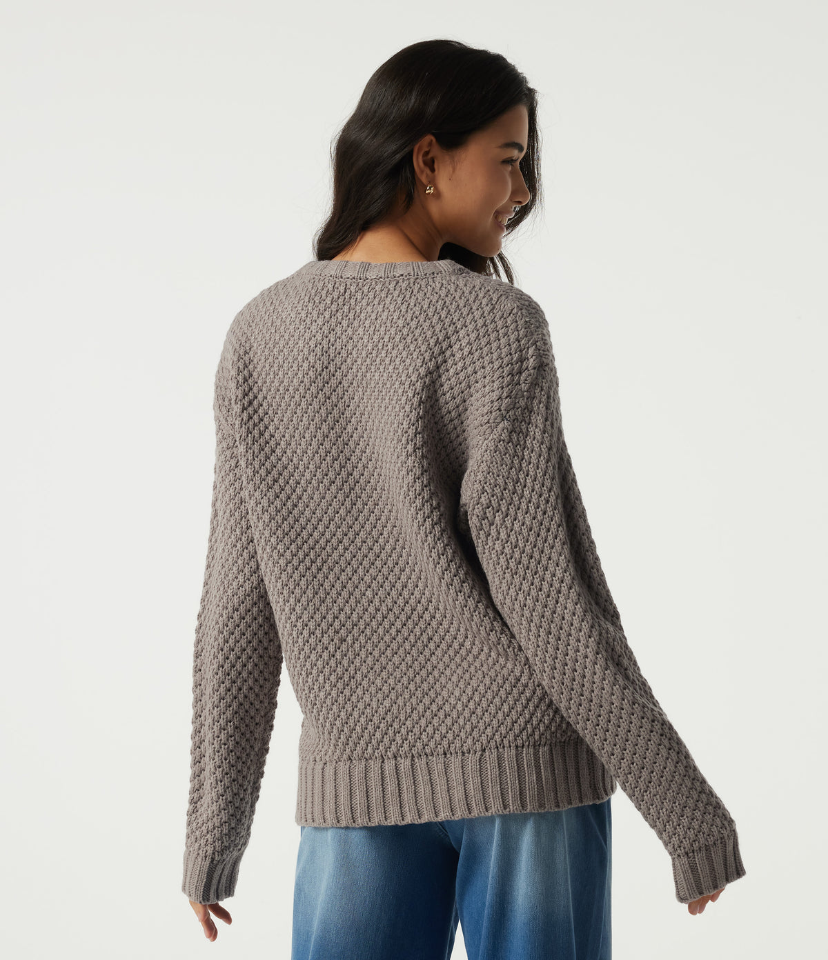 Round Neck Dropped Shoulder Long Sleeve Work Jumper — Cobblestone — view 2