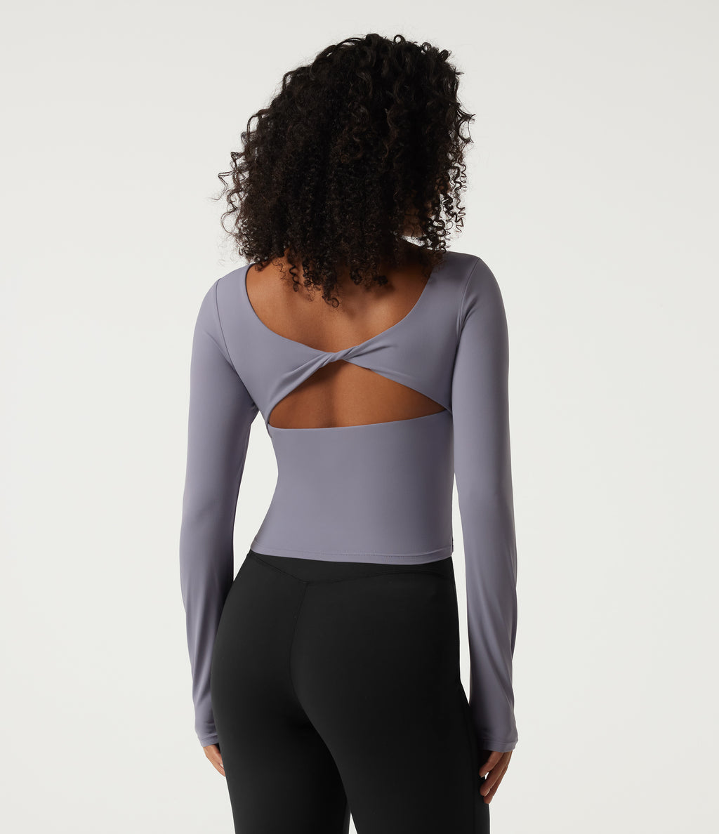 Boat Neck Long Sleeve Cut Out Built-in Bra Yoga Sports Top — Light Gray Violet — view 4