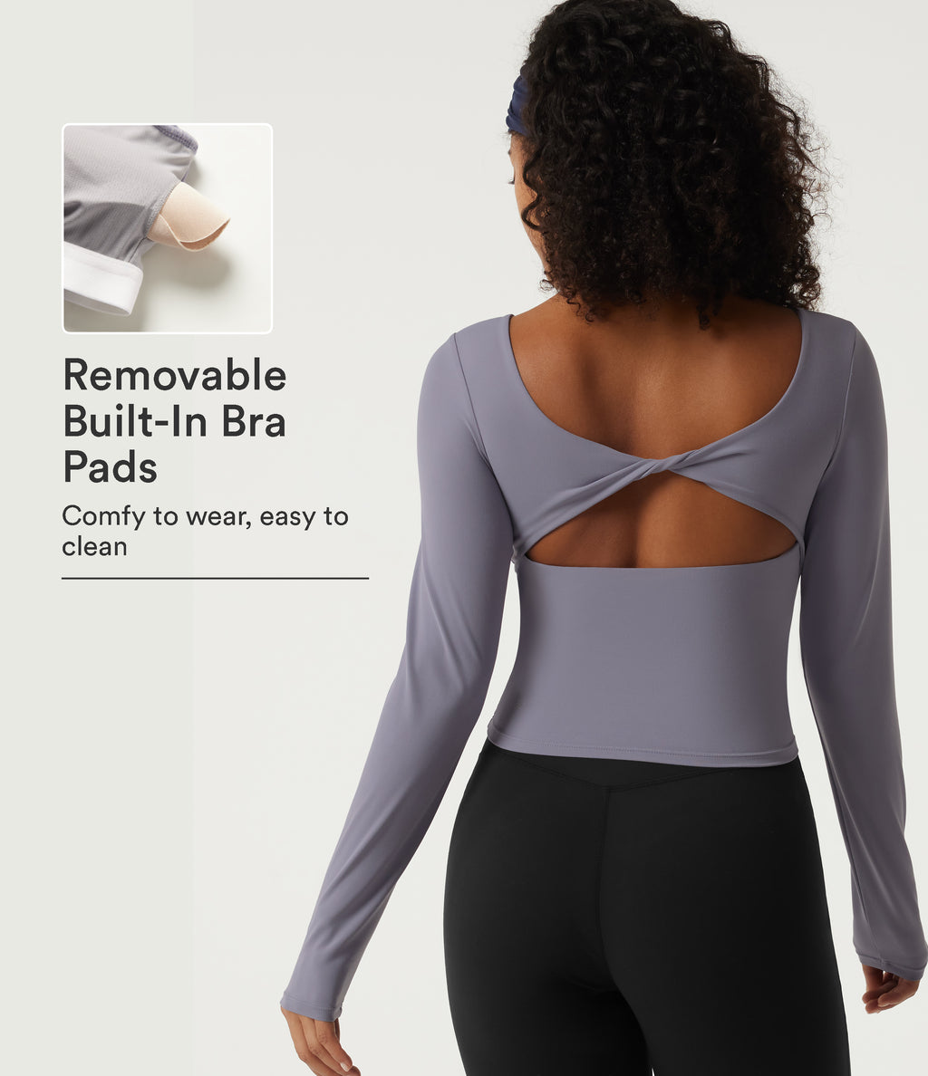 Boat Neck Long Sleeve Cut Out Built-in Bra Yoga Sports Top — Light Gray Violet — view 1
