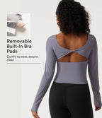 Boat Neck Long Sleeve Cut Out Built-in Bra Yoga Sports Top — Light Gray Violet — view 1