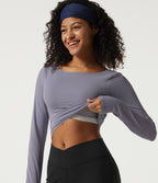 Boat Neck Long Sleeve Cut Out Built-in Bra Yoga Sports Top — Light Gray Violet — view 5