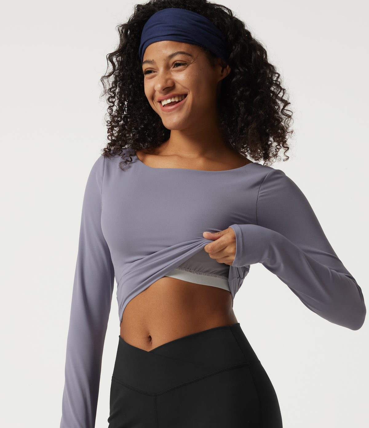 Boat Neck Long Sleeve Cut Out Built-in Bra Yoga Sports Top — Light Gray Violet — view 5