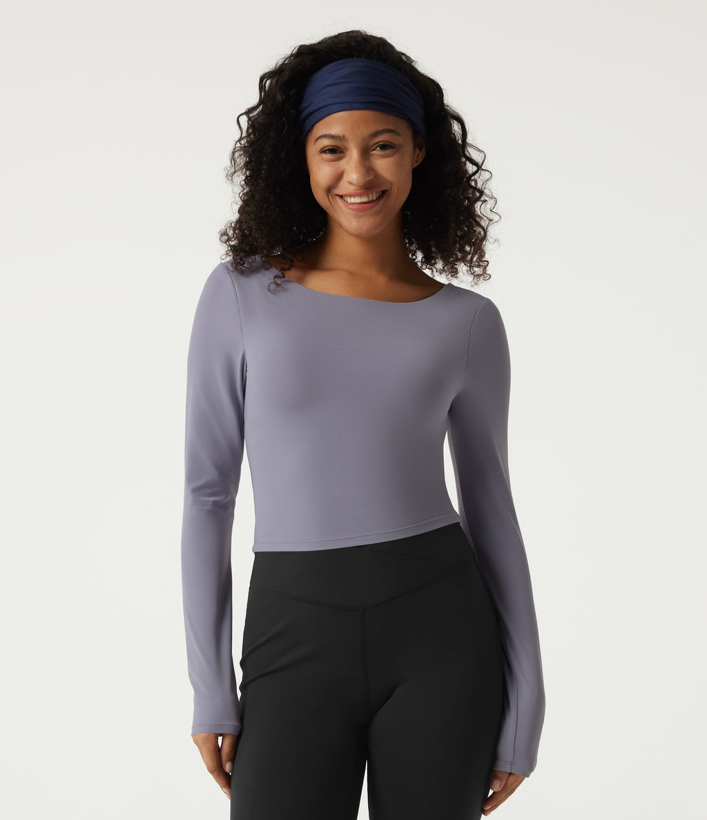 Boat Neck Long Sleeve Cut Out Built-in Bra Yoga Sports Top — Light Gray Violet — view 2